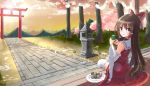  1girl bow brown_eyes brown_hair cherry_blossoms cup dango detached_sleeves food hair_bow hair_tubes hakurei_reimu highres long_hair looking_at_viewer looking_back mountain parted_lips path plate ribbon-trimmed_legwear ribbon-trimmed_sleeves ribbon_trim road solo stone_lantern sunset thigh-highs torii touhou tree wagashi zx0602 