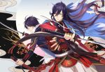  2boys black_hair blue_eyes full_moon horikawa_kunihiro inkerpape izumi-no-kami_kanesada katana moon multiple_boys sword touken_ranbu weapon 