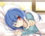  1girl blanket blue_hair hinanawi_tenshi long_hair long_sleeves lying on_side one_eye_closed pajamas pillow pointing pointing_at_viewer red_eyes smile solo touhou under_covers very_long_hair yuuhagi_(amaretto-no-natsu) 