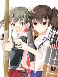  2girls arrow blush blush_stickers bow_(weapon) brown_eyes brown_hair flight_deck grey_eyes grey_hair highres japanese_clothes kaga_(kantai_collection) kantai_collection multiple_girls muneate myuton quiver short_sidetail twintails weapon yugake zuikaku_(kantai_collection) 