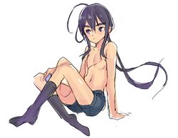  1boy ahoge blush digital_media_player earphones long_hair male_focus namazuo_toushirou nipples no_shoes purple_hair rand_(artist) shirtless shorts simple_background sitting sketch socks solo touken_ranbu very_long_hair violet_eyes white_background 