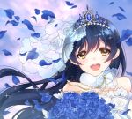  1girl :d bangs bare_shoulders blue_hair blue_rose earrings flower fur_collar fuuko_(pixiv4572784) jewelry long_hair looking_at_viewer love_live!_school_idol_project open_mouth petals rose smile solo sonoda_umi tiara veil yellow_eyes 