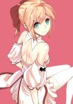  1girl absurdres ahoge bare_shoulders blonde_hair dalan detached_sleeves dress fate/unlimited_codes fate_(series) from_behind green_eyes hair_ribbon highres ponytail ribbon saber saber_lily smile solo 
