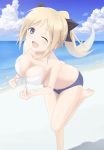  1girl ;d beach blonde_hair blue_eyes breasts butt_crack cleavage front-tie_top hide_0 katharine_ohare leg_up long_hair one_eye_closed open_mouth ponytail ribbon smile solo strike_witches 