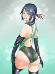  1girl ass black_hair blue_eyes blue_hair competition_swimsuit elbow_gloves fukami_nana gloves gradient_hair hair_ribbon highres long_hair looking_back multicolored_hair nawoto_oota one-piece_swimsuit original ponytail ribbon solo standing swimsuit thigh-highs 