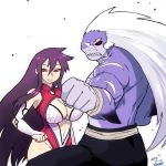  1boy 1girl black_hair black_sclera blue_skin breasts bridal_gauntlets center_opening cleavage elbow_gloves fighting_stance gloves hand_on_hip large_breasts leotard long_hair merman monster_boy muscle red_eyes scar shark sharp_teeth shirtless tsukudani_(coke-buta) white_hair 