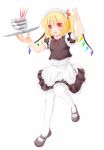  1girl alternate_costume apron arm_up blonde_hair blush enmaided fang flandre_scarlet frilled_apron frilled_skirt frills hair_ribbon highres hishi_(radioiso) looking_at_viewer maid maid_headdress mary_janes open_mouth over-kneehighs parfait pocky red_eyes ribbon shoes short_hair short_sleeves side_ponytail skirt solo standing_on_one_leg thigh-highs touhou tray waist_apron white_legwear 