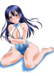  1girl blue_hair embarrassed front_zipper_swimsuit kasugano_tobari long_hair love_live!_school_idol_project one-piece_swimsuit sonoda_umi swimsuit yellow_eyes 