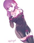  1girl breasts byulrorqual cosplay dress fate/stay_night fate_(series) purple_hair rider rider_(cosplay) skirt_hold solo strapless_dress thigh-highs violet_eyes 