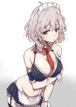  1girl apron armband blue_eyes breast_hold breasts chinchilla detached_collar frills garter_straps grey_hair kosegawa_shiromi large_breasts leaning_forward looking_to_the_side maid_bikini messy_hair necktie saki short_hair solo thigh-highs waist_apron wrist_cuffs 