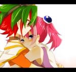  1boy 1girl blue_eyes blush choker goggles goggles_on_head green_hair hug jacket_on_shoulders letterboxed multicolored_hair pink_hair puruchino red_eyes redhead short_twintails simple_background tears twintails two-tone_hair white_background yuu-gi-ou yuu-gi-ou_arc-v 