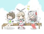  &gt;_&lt; 3girls :3 ^_^ amatsukaze_(kantai_collection) blonde_hair brain_freeze brown_eyes brown_hair closed_eyes commentary_request fang food food_in_mouth kantai_collection lifebuoy long_hair long_sleeves multicolored_legwear multiple_girls musical_note open_mouth sailor_dress school_uniform serafuku shaved_ice shimakaze_(kantai_collection) short_hair short_sleeves silver_hair spoon striped striped_legwear thigh-highs tsuchihara_ai two_side_up yukikaze_(kantai_collection) 