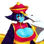  1girl aqua_skin blush_stickers breasts chinese_clothes claws cleavage cleavage_cutout flipped_hair huge_breasts jiangshi lei_lei lips mato_spectoru ofuda purple_hair short_hair smile solo upper_body vampire_(game) white_background yellow_eyes 