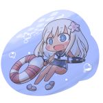  1girl blonde_hair blue_eyes blush_stickers bubble chibi flower hair_ornament inishie innertube kantai_collection long_hair open_mouth ro-500_(kantai_collection) school_swimsuit slippers solo swimsuit swimsuit_under_clothes torpedo underwater 
