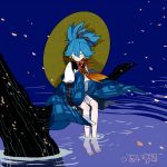  1boy artist_name barefoot blue_background blue_eyes blue_hair dated dolphin hat kote l_hakase male_focus sayo_samonji sitting solo touken_ranbu water 