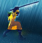  1boy amano-g bag cyborg fighting_stance hat metal_gear_(series) metal_gear_rising:_revengeance raiden rain raincoat shopping_bag solo sword visor weapon 