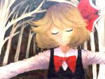  1girl blonde_hair bow closed_eyes dark fang forest hair_bow kichin. long_sleeves nature outstretched_arms peaceful rumia short_hair smile solo touhou tree upper_body vest 