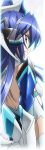  1girl blue_hair bodysuit kazanari_tsubasa long_hair official_art senki_zesshou_symphogear side_ponytail solo violet_eyes 