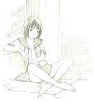  1girl barefoot monochrome original school_uniform short_hair sitting sketch solo traditional_media yoshitomi_akihito 