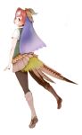  1girl back blue_hair feathered_wings feathers full_body green_pheasant_(kemono_friends) ise_(0425) kemono_friends long_hair pantyhose pleated_skirt redhead simple_background skirt solo white_background wings yellow_eyes 