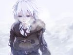  1girl breath coat from_above highres kosegawa_shiromi open_mouth saki short_hair solo violet_eyes white_hair winter_clothes yaku_yojino 