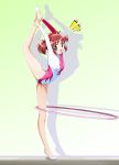  1girl brown_eyes brown_hair flexible gymnastics highres hoop hula_hoop kinfuji leg_up leotard momomiya_ichigo rhythmic_gymnastics short_hair tokyo_mew_mew 