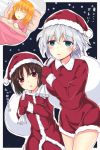  3girls aislinn_wishart bag blue_eyes blush brown_eyes brown_hair carrying_over_shoulder christmas gloves hat kakura_kurumi kosegawa_shiromi looking_at_another miyazakit multiple_girls open_mouth orange_hair saki santa_hat short_hair sleeveless snowflakes snowing sweat thought_bubble zzz 