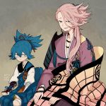  2boys artist_name blue_hair dated japanese_clothes kote l_hakase long_hair male_focus multiple_boys pink_hair sayo_samonji sode souza_samonji touken_ranbu 