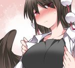  1girl black_hair black_wings breasts commentary_request hammer_(sunset_beach) looking_at_viewer open_clothes open_shirt pom_pom_(clothes) red_eyes shameimaru_aya short_hair solo touhou undershirt undressing upper_body wings 