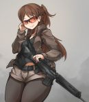  1girl arceonn battle_rifle black_legwear braid brown_hair fal_(upotte!!) fn_fal french_braid gun half_updo jacket laser_sight long_hair pantyhose rifle shooting_glasses shorts small_breasts solo tank_top upotte!! weapon wide_hips 
