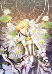  1girl aestus_estus ahoge belt blonde_hair bodysuit breasts center_opening constellation fate/extra fate/extra_ccc fate_(series) green_eyes lily_pad lock padlock saber_bride solo spoon_1122 sword veil weapon 