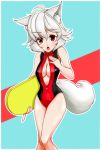  1girl animal_ears breasts cleavage front_zipper_swimsuit hand_on_own_chest highleg highleg_swimsuit highres inubashiri_momiji large_breasts looking_at_viewer navel one-piece_swimsuit open_mouth red_eyes shinomiya_naka short_hair silver_hair solo swimsuit tail touhou wolf_ears wolf_tail 
