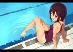 1girl arm_up blush breasts competition_swimsuit kinta_(distortion) looking_at_viewer one-piece_swimsuit one_eye_closed open_mouth original pool purple_hair short_hair sitting smile solo swimsuit violet_eyes water wet 