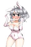  1girl ahoge animal_ears bare_shoulders blush breasts bunnysuit detached_sleeves grey_eyes grey_hair highres japanese_clothes mononobe_no_futo navel nekoro_(nekokabuto) open_mouth ponytail rabbit_ears short_hair silver_hair simple_background solo touhou white_background 