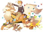  1boy arcanine brown_hair eevee fangs flareon hand_in_pocket heart heiwa_(murasiho) highres ookido_green ookido_green_(hgss) open_mouth pidgeotto pointing pokemon pokemon_(creature) pokemon_(game) pokemon_hgss riding smile spiky_hair star yellow_eyes 
