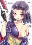  1girl breasts cleavage collarbone gloves holding japanese_clothes kantai_collection kase_daiki kimono large_breasts looking_at_viewer off_shoulder polearm purple_hair short_hair solo spear tatsuta_(kantai_collection) tongue tongue_out twitter_username violet_eyes weapon wide_sleeves 