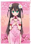  1girl bare_shoulders black_hair blush breasts china_dress chinese_clothes cleavage cleavage_cutout flower green_eyes hair_flower hair_ornament long_hair looking_at_viewer open_mouth original ragho_no_erika side_slit solo twintails two_side_up 