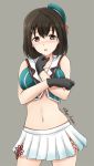  1girl alternate_costume bare_shoulders beret black_gloves blush breasts brown_hair cosplay cowboy_shot crop_top fuuma_nagi gloves grey_background haguro_(kantai_collection) hair_ornament hairclip hat kantai_collection looking_at_viewer maya_(kantai_collection) maya_(kantai_collection)_(cosplay) midriff mini_hat open_mouth pleated_skirt short_hair simple_background skirt solo tears white_skirt 