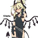  1girl bare_shoulders black_gloves black_legwear blonde_hair blue_eyes blush boots breasts collarbone demon_girl demon_horns demon_tail elbow_gloves gloves half_updo horns long_hair looking_at_viewer oshiruko_(tsume) parted_lips simple_background smile solo tail thigh-highs thigh_boots white_background wings 