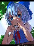  1girl artist_name blue_eyes blue_hair border bow cirno colored dated dress hair_bow puffy_sleeves pyonsuke0141 short_hair short_sleeves sketch solo sunlight table touhou tree_shade vest 