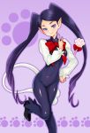  1girl blue_eyes bodysuit bow covered_navel go!_princess_precure kazuma_muramasa long_hair miss_siamour pointy_ears precure purple_background purple_hair ribbon shoes smile solo standing_on_one_leg tail twintails wand 