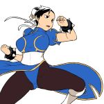  1girl black_hair boots bracelet breasts bun_cover china_dress chinese_clothes chun-li double_bun eyeliner fighting_stance jewelry knee_boots large_breasts lips makeup pantyhose puffy_sleeves sash short_hair solo spiked_bracelet spikes street_fighter tsukudani_(coke-buta) 