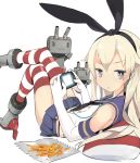  1girl blonde_hair blue_eyes earphones elbow_gloves flam_(81) gloves hairband handheld_game_console kantai_collection long_hair rensouhou-chan shimakaze_(kantai_collection) thigh-highs 
