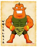  1boy artist_name barefoot bully_taichou character_name chikori.com full_body grin hands_on_hips horn looking_at_viewer lowres male_focus muscle orange_skin smile solo standing youkai youkai_watch 