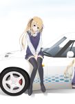  1girl black_legwear blonde_hair blue_eyes car highres itasha long_hair long_sleeves motor_vehicle ohjin saenai_heroine_no_sodatekata sawamura_spencer_eriri school_uniform sitting sitting_on_car skirt smile solo thigh-highs twintails vehicle 