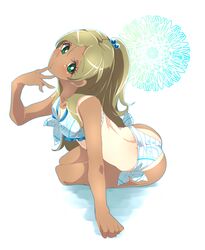  1girl ass bikini brown_hair green_eyes hrgm long_hair minamino_kanade precure suite_precure swimsuit tan tanline 