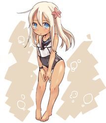  1girl blonde_hair blue_eyes crop_top flower hair_flower hair_ornament kajio_(maburo) kantai_collection long_hair ro-500_(kantai_collection) sailor_collar school_swimsuit standing swimsuit swimsuit_under_clothes tan tanline 