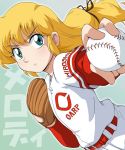  1girl baseball baseball_uniform bioroid_hei blonde_hair blue_eyes gloves long_hair melody_patricia_norman miracle_giants_domu-kun solo sportswear 