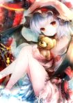  1girl arm_ribbon bare_legs basilis9 bat_wings commentary_request doll_hug dress hat hat_ribbon highres juliet_sleeves long_sleeves looking_at_viewer mob_cap pink_dress puffy_sleeves red_eyes remilia_scarlet ribbon sash silver_hair solo stuffed_animal stuffed_toy teddy_bear touhou wings 
