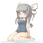  1girl alternate_hair_color black_hair blue_eyes blush_stickers hair_ribbon i-19_(kantai_collection) inishie kantai_collection long_hair looking_at_viewer ribbon school_swimsuit sitting solo star star-shaped_pupils swimsuit symbol-shaped_pupils twintails water 